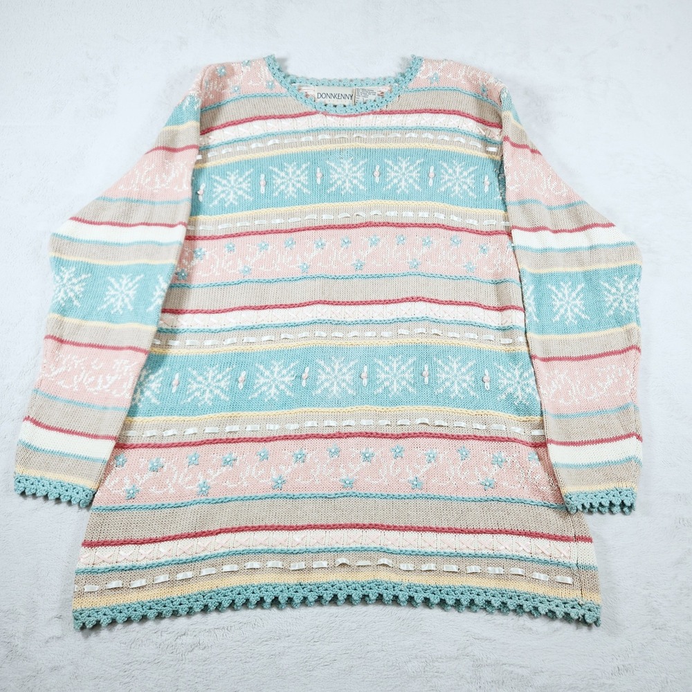 Donnkenny Sweater Womens L Pastel Pink Blue Snowflake Cottage Core Vintage